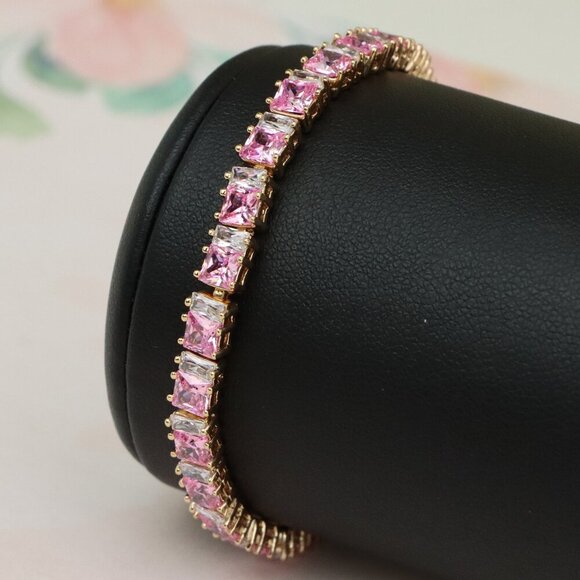 "Rose Gold Tennis Bracelet with Pink Square CZ Stones, Elegant Design, XPBL0740 - Picture 1 of 13